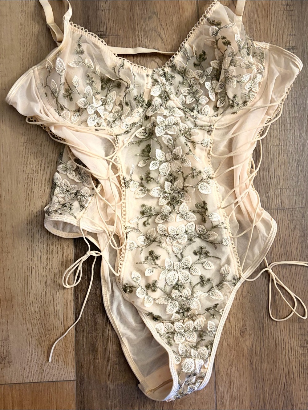 Embroidered Floral Cream Lace Bodysuit with Delicate Straps